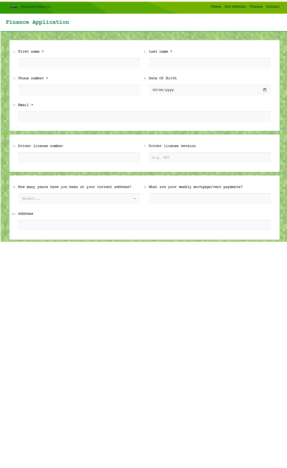 Finance form for a motor company