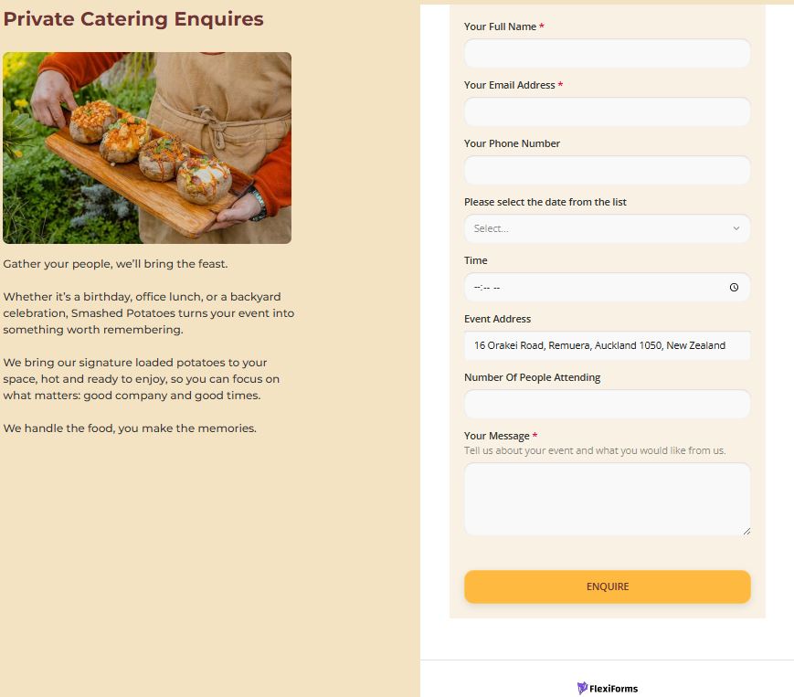 Smashed Potatoes private catering enquiry form